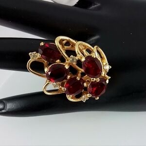 Vintage Gold and Red Rhinestone Ring Size 7 Cocktail Ring